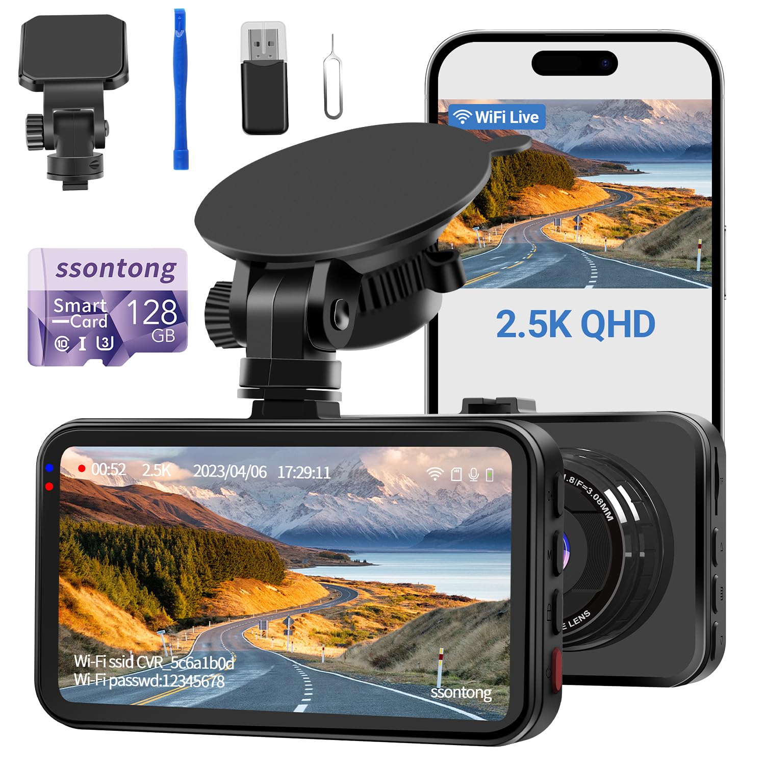 Dash Cam WiFi, Car Camera Dash Cam with 128GB Card Dashcam 2.5K QHD 1440P Dashcam Front, Dash Cameras W/APP, Night Vision, 170° Wide Angle, G-sensor, Parking Monitor for Cars, Max Support 256G