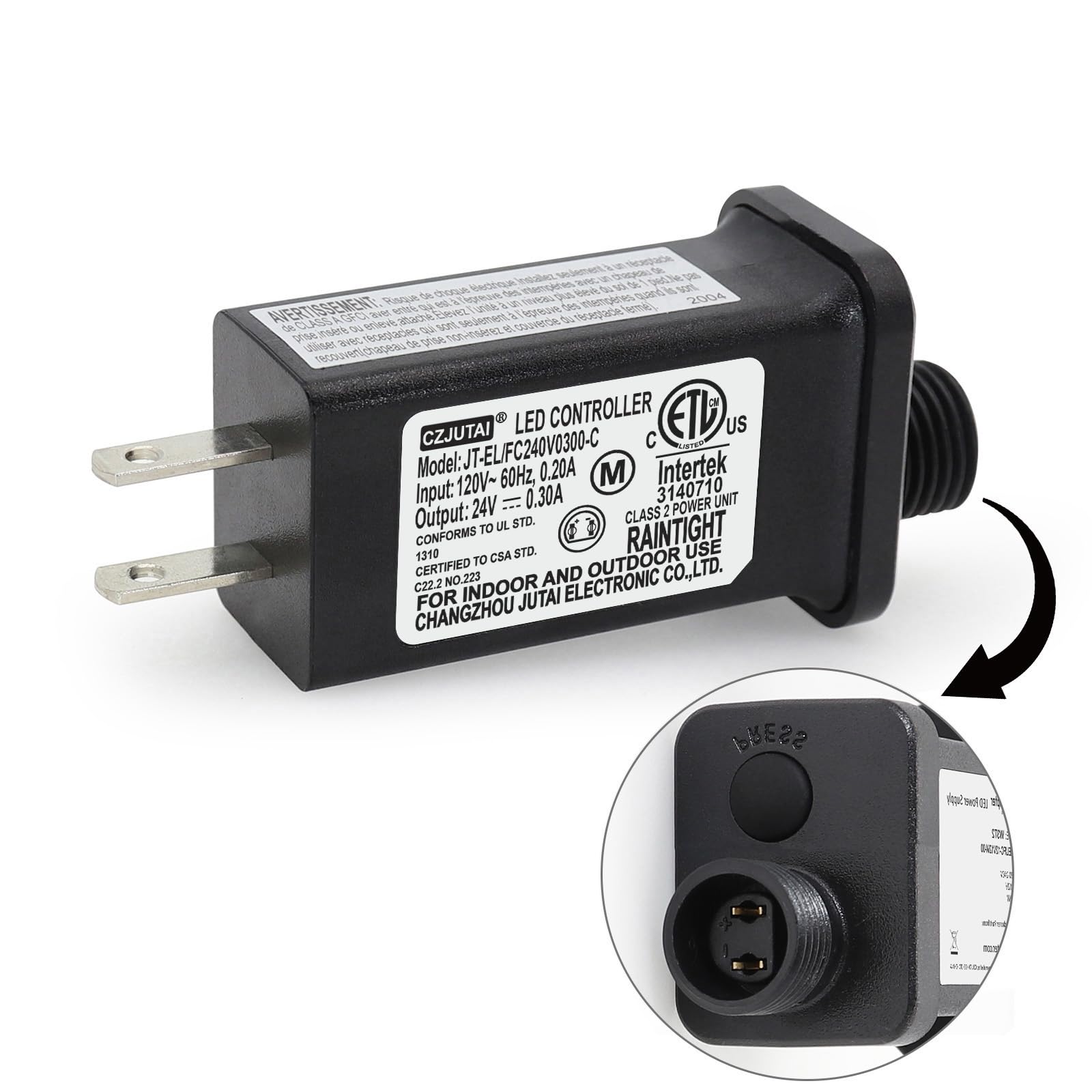 Photo 1 of 24V 0.3A LED Transformer Class 2 Power Supply, JT-EL/FC240V0300 IP44 Waterproof Low Voltage Transformer US Plug Work for 24V 7.2W, 6W Christmas Light, String Light (with 8 Modes LED Control) [Z472]
