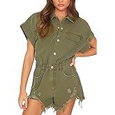 ChiyeeKiss Women's Distressed Denim Romper Short Cuffed Sleeve Jean Jumpsuit Collared Ripped Frayed Shortalls Overalls