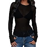 Remidoo Womens Sheer Mesh Top Crewneck Long Sleeve Tee Shirts with Thumb Hole