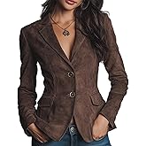 QXE Womens Vintage Faux Suede Blazers Casual Brown Long Sleeve Open Front Lapel Blazer Jackets Work Suits with Pockets