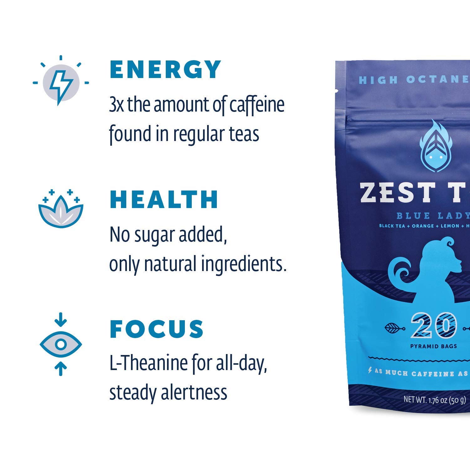 Zest Tea Energy Hot Tea, High Caffeine Blend Natural & Healthy Coffee Substitute, Perfect for Keto, 20 servings (150mg Caffeine each), Compostable Teabags (No Plastic) - Blue Lady Black Tea : Grocery & Gourmet Food