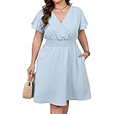 EORANF Women's Plus Size Midi Dress Ruffle Short Sleeve A-Line Swing Dress V Neck Flowy Casual Dresses with Pockets