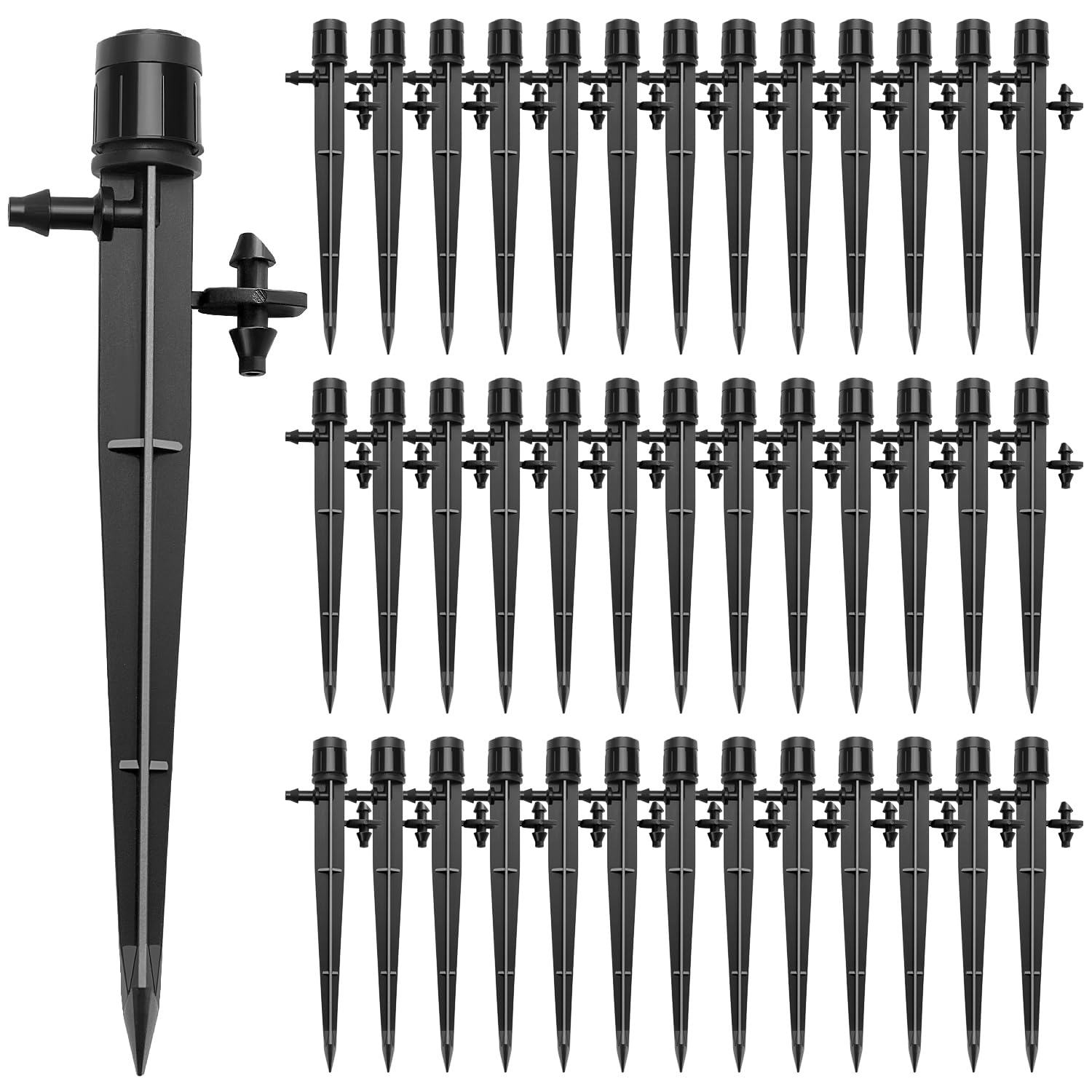 VooGenzek 40 PCS 360 Degree Adjustable Irrigation Dripper Sprinkler, Micro Stake Emitter Dripper for 4/7 mm Garden Hose Irrigation System, Water Flow Stake Emitter, Black (with Connector)