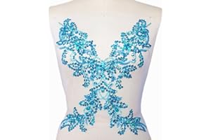 SUCCI SHAN Unique Pure Handmade Beaded Sew on Rhinestones Sequins Beads Applique Crystals Patches 15.3x11.4″ Sewing Crastal for Wedding Evening Dress Accessory (Light Blue)