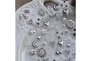 NBNTGH Silver Nail Art Stickers Heart Star Nail Decals with Metal Design 5D Embossed Self Adhesive Clock Nails Stickers Charms Supply for Women Girls Kid Manicure DIY Decorations