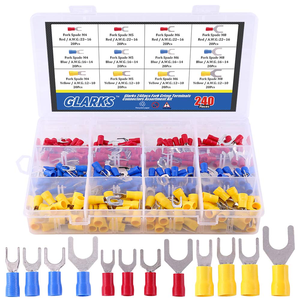 Glarks 240pcs 22-16 / 16-14 / 12-10 Gauge Fork Spade Quick Splice Crimp Terminals Connectors Assortment Kit