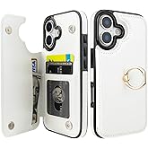 ONETOP for iPhone 17 Wallet Case with Card Holder, 360° Rotation Ring Kickstand RFID Blocking PU Leather Double Magnetic Clasp Shockproof Cover for Women and Girls 6.3 Inch (White)