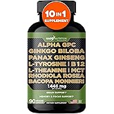 Gade Nutrition Alpha GPC + Ginkgo Biloba + Panax Ginseng + L- Tyrosine, L-Theanine, Bocopa Monnieri, Rhodiola Rosea, B12, MCT