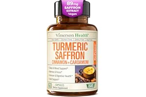 VIMERSON HEALTH Saffron Supplements – 89mg Saffron Extract and 1000mg Tumeric Blend – Turmeric Supplement with Ceylon Cinnamon and Cardamom for Mood, Memory & Eye Health – Joint Supplements for Women & Men – 60 Count