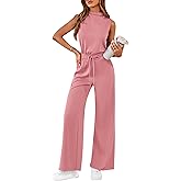 PRETTYGARDEN One Piece Jumpsuits for Women Dressy Summer Business Casual Outifts Sleeveless Mock Neck Wide Leg Rompers