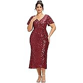 Ever-Pretty Plus Women's Sequin V Neck Plus Size Prom Dress Mermaid Formal Cocktail Evening Dresses for Curvy Women