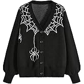 BEAUDRM Women's Spiderweb Graphic Cardigans Gothic Button Down Long Sleeve V Neck Sweater Outwear