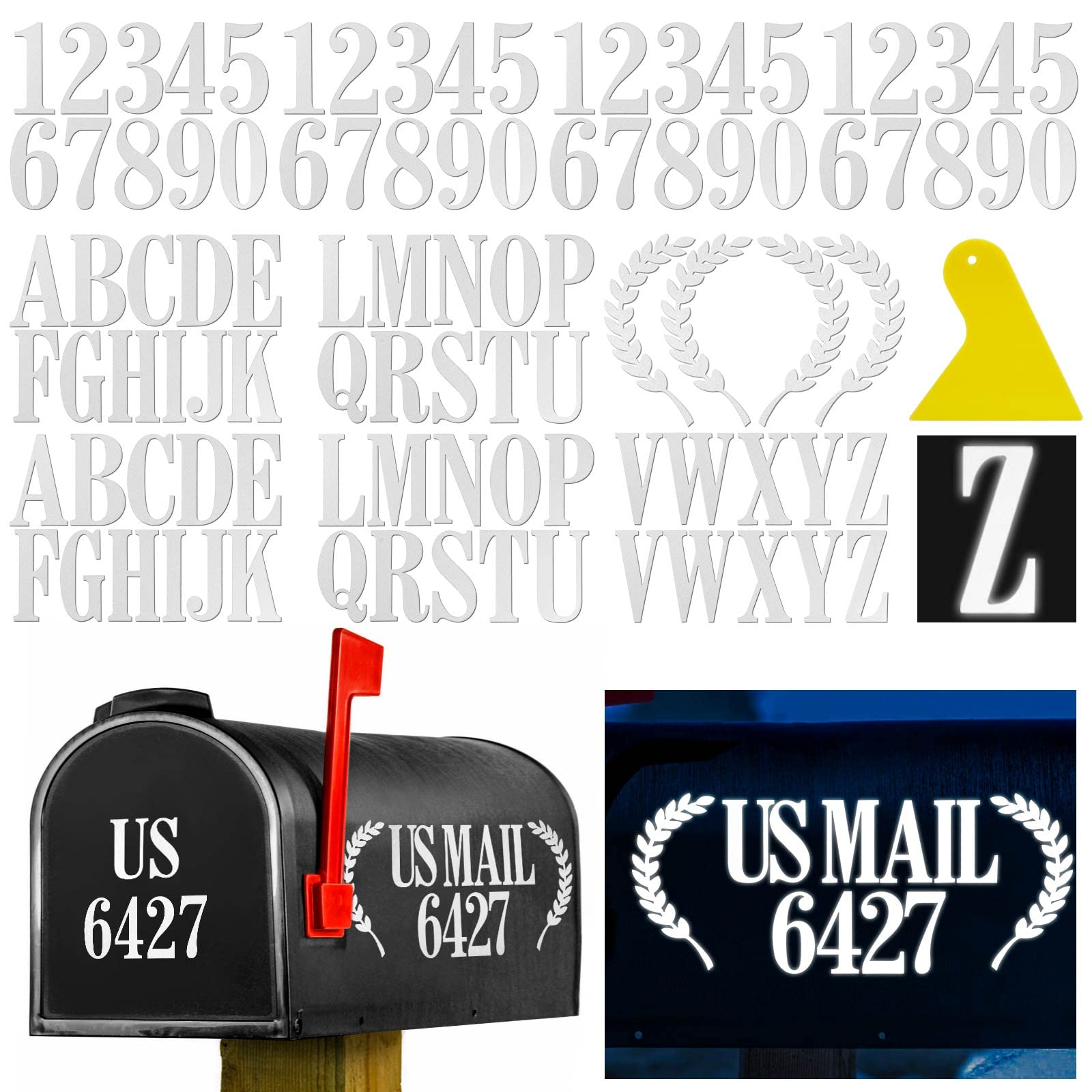 Photo 1 of 2" Reflective Mailbox Numbers Letters Stickers for Outside,Self Adhesive Mailbox Decal Numbers 4 Set(0-9),Letters 2 Set(A-Z),Leaves 2 Set,Vinyl House Address Stickers for Mailbox,Signs,Cars(White)