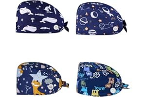 Cute Printed Bouffant Scrub Caps with Button & Adjustable Sweatband for Women