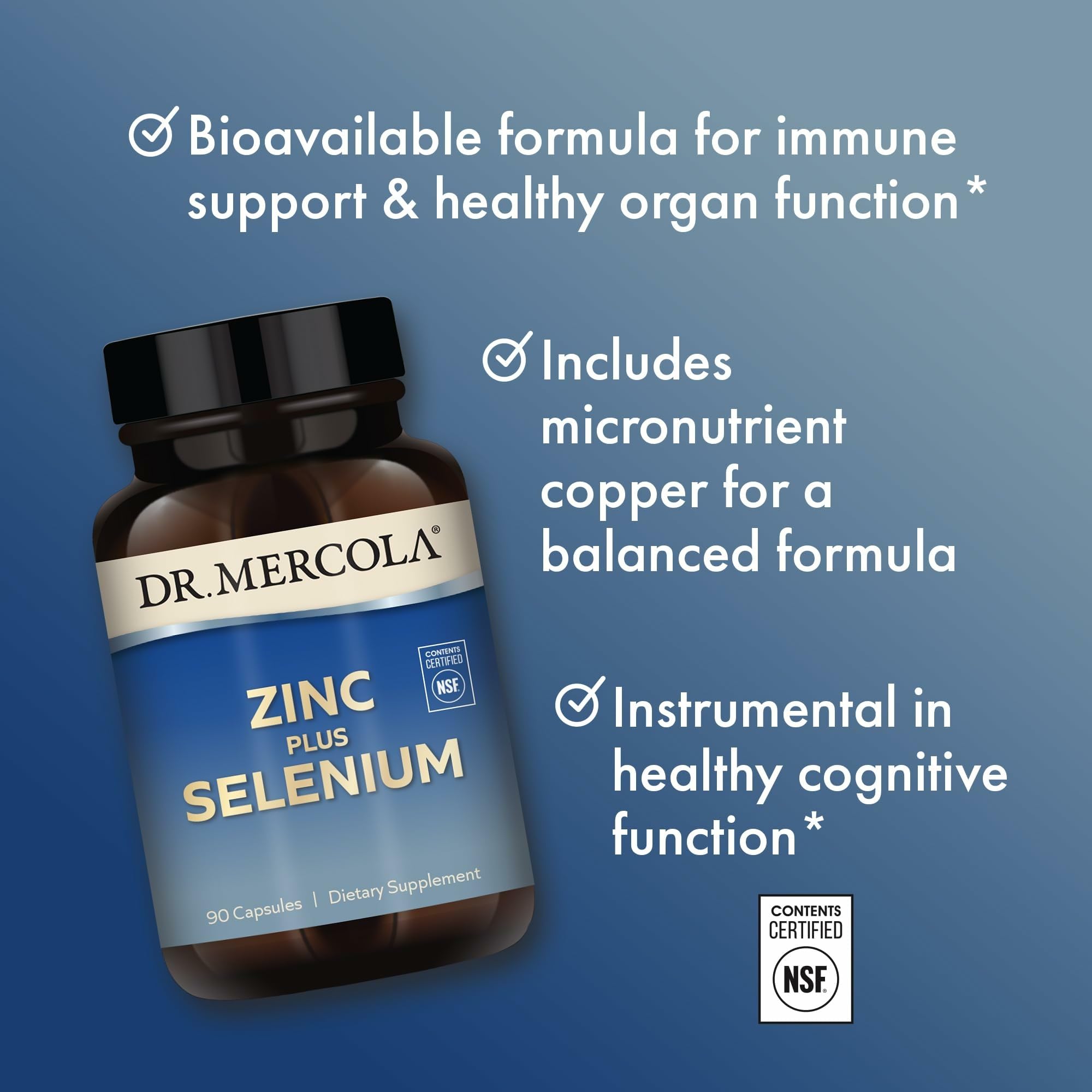Dr. Mercola Zinc Plus Selenium - Mineral Blend Supplement - for Immune, Brain & Respiratory Support - Contains Zinc Glycinate Chelate & Copper - GMO-Free & Gluten-Free - 90 Capsules (90 Servings)