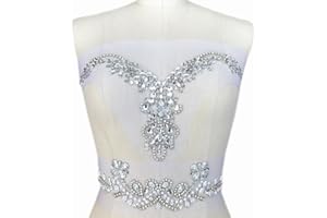 SUCCI SHAN Handmade Beaded V-Neck Sequin Sew On Neckline Rhinestone Crystal Trim Bridal Applique Design Patch Sewing for Wedding Dresses DIY Belt Decoration (Silver)