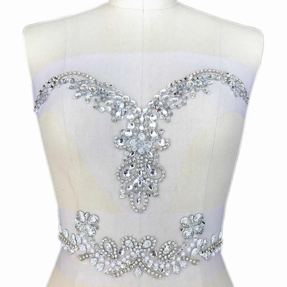 Handmade Beaded V-Neck Sequin Sew On Neckline Rhinestone Crystal Trim Bridal Applique Design Patch Sewing for Wedding Dresses DIY Belt Decoration (Silver)