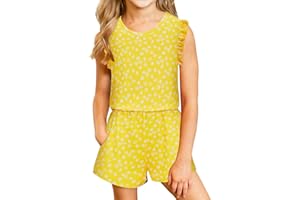 Kimoda Girls Jumpsuits Rompers Ruffle Sleeve Romper Shorts with Pockets Summer One Piece Playsuit Outfits for Girl 6-13 Years