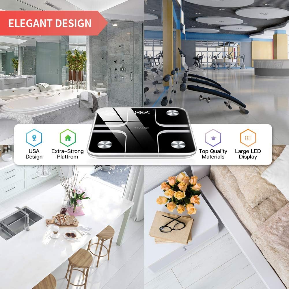 Toyuugo Bluetooth Body Fat Bathroom Scale,Scales Digital Weight,Weight Scale,Body Composition Analyzer Wireless BMI with Smart Phone App Scales,396 Pounds / 180kg Max (Black): Home & Kitchen