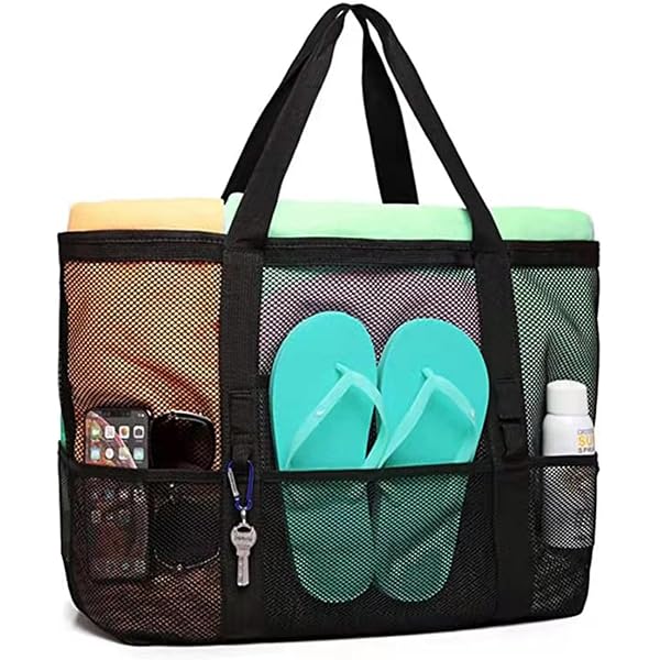 Sac De Plage Extra Large En Maille – 54x36x17 Cm, Plusieurs Poches, Bandoulière Réglable, Pour Piscine, Voyage Ou Sport