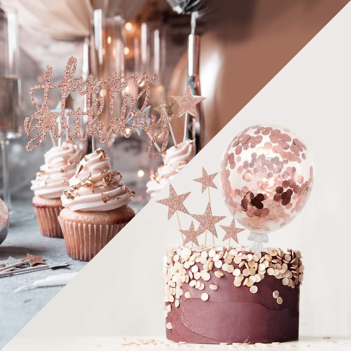iZoeL Cake Decoration Rose Gold Happy Birthday Stars Topper Confetti Balloon Cake Decoration Birthday Decoration Girls Women - Image 5