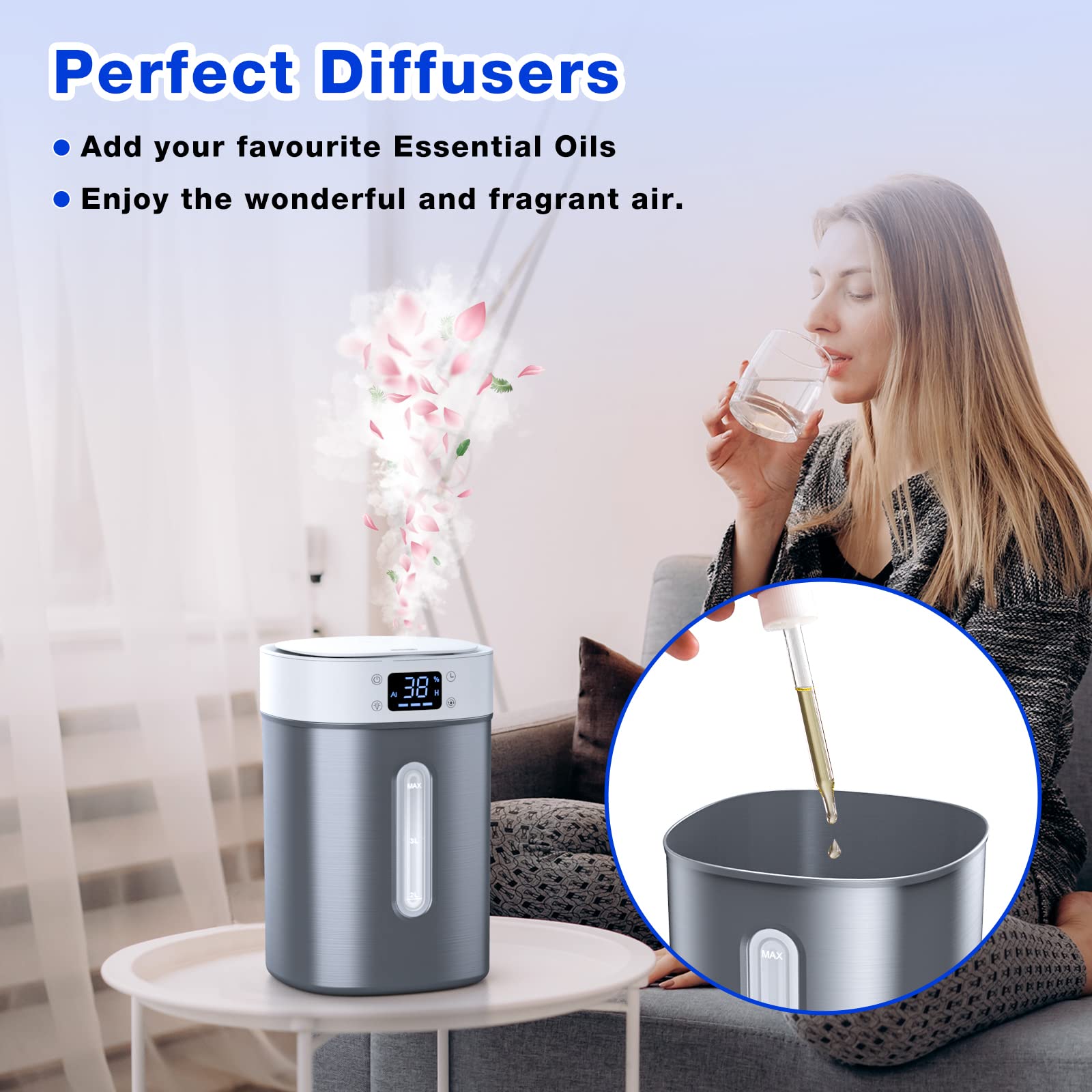 4L Ultrasonic Cool Mist Humidifier with 304 Stainless Steel Tank, Auto Humidity Control, Night Light, and Timer - For Large Rooms and Baby