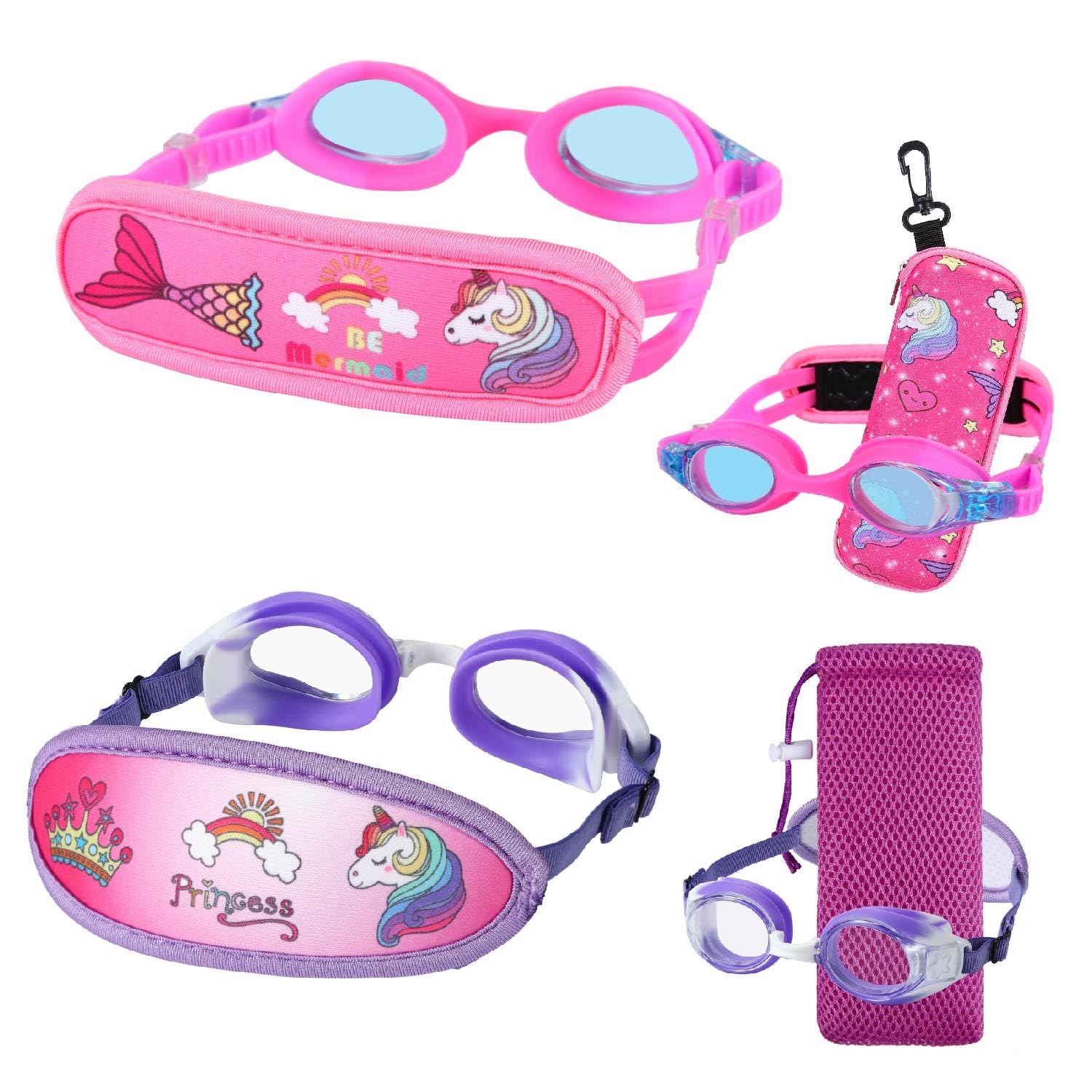 Photo 1 of RUIGAO 2PK Girls Swimming Goggles,Kid Goggles Fabric strap, Pink Unicorn Mermaid Purple Princess Girls Goggles for kids 3-6