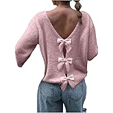 BEAUDRM Women's Bowknot Sweater Cute Long Sleeve Boat Neck Drop Shoulder Pullover Jumper Tops Fall Fashion Sweaters