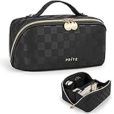 Prite Makeup Bag for Women Travel Waterproof Vegan Leather Cosmetic Bag Open Flat Toiletry Bag With Clear Divider and Handle (Plaid Black)