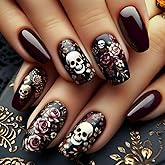 Halloween Press on Nails with Skull Designs Full Cover Artificial Fake Nails Halloween Flower Acrylic Nails Full Cover Short Coffin False Nails for Women Holiday DIY Nails Art Decor 24 Pcs