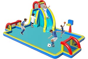 ROLONAL Inflatable Water Slide with Double Soccer Goal,Big Splash Pool,Basketball Hoop,Climb Wall,Air Blower,Children Bounce Slide for Party Fun