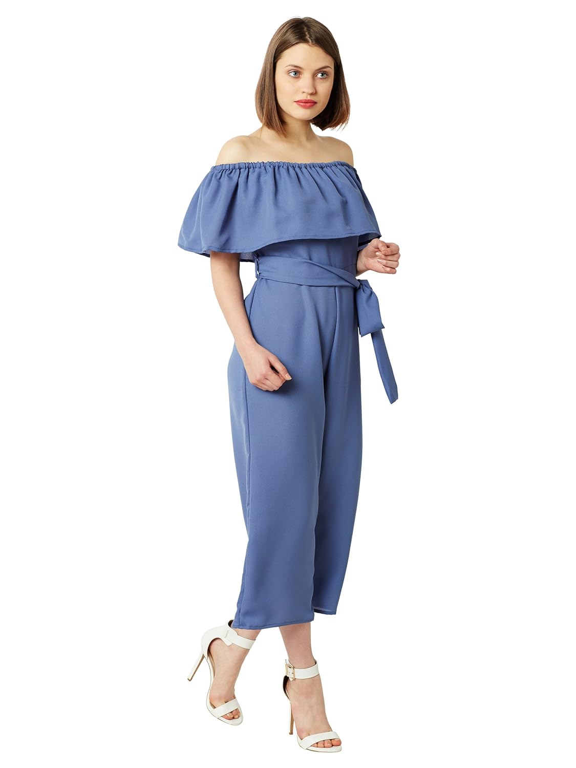 miss chase women's blue off-shoulder ruffled midi jumpsuit