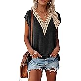 MEROKEETY Women's Boho Cap Sleeve Lace Trim V Neck Tops 2026 Summer Casual Loose Beach Vacation Tee Shirts Blouse