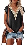 MEROKEETY Women's Casual Cap Sleeve Lace Trim V