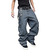 DFGIGT Mens Denim Baggy Pants with Cargo Pockets Mid Weight Casual Streetwear Wide Leg Jeans Hip Hop Skater Trousers