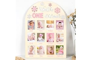NAOZINEBI My First Year Photo Frame Board First Year Picture Frame 12 Months Milestone Board Photo Display Wood Board One Year Winter Snowflake Nursery Decorations Gift for 1st Birthday Baby Girl Keepsake Gift