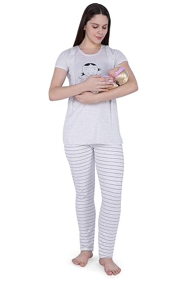 Women's Cotton Printed Feeding/Nursing/Maternity Top and Pyajama Set/Nightsuit/Nightwear Set/Night Dress/Sleepwear