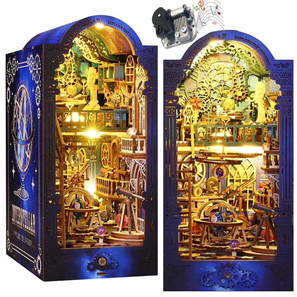 DIY Book Nook Kit, Creativity Miniature Dollhouse, 3D Wooden Puzzle Bookend Bookshelf Insert Decor with Dust Coverfor Teens and Adults