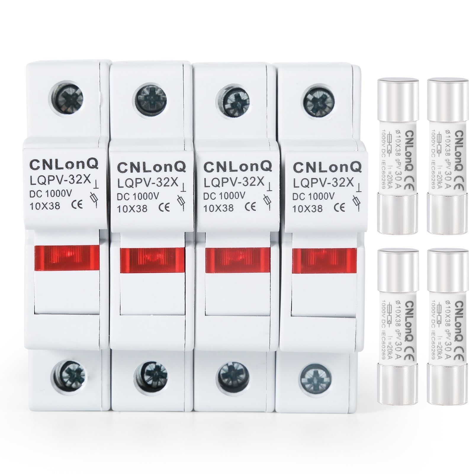 DEWIN Solar PV Fuse Holder, Solar/Photovoltaic Fuse Holder 4pcs Fuse Base With Light RT18-32X 1P DC1000V 10x38mm + 4pcs 30A Fuses DIN Rail Mounting (30A)