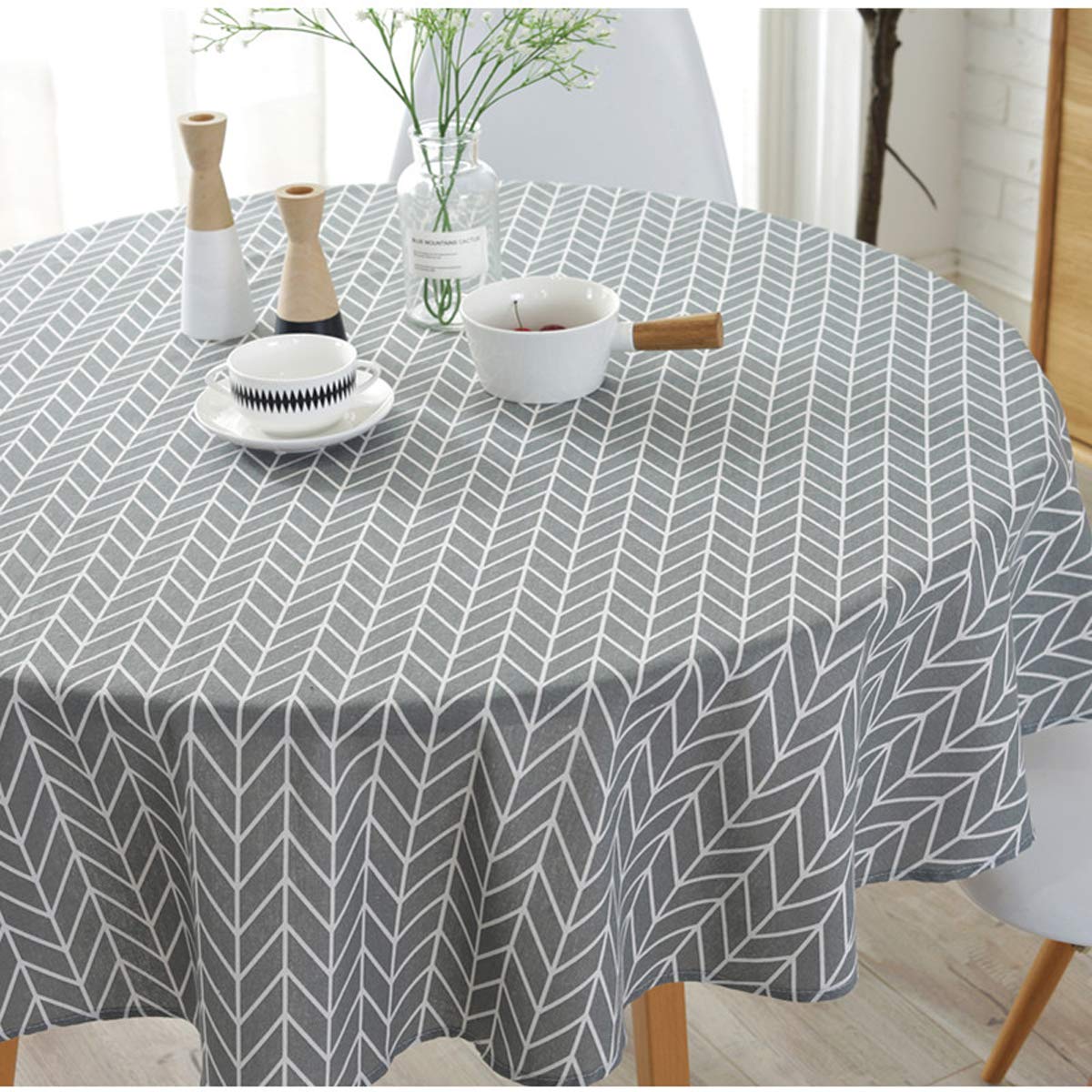 Bringsine Tablecloth Arrow Pattern Cotton Linen Dust-Proof Waterproof Table Cover for Kitchen Dinning Tabletop Linen Decor (Round, 60 Inch)