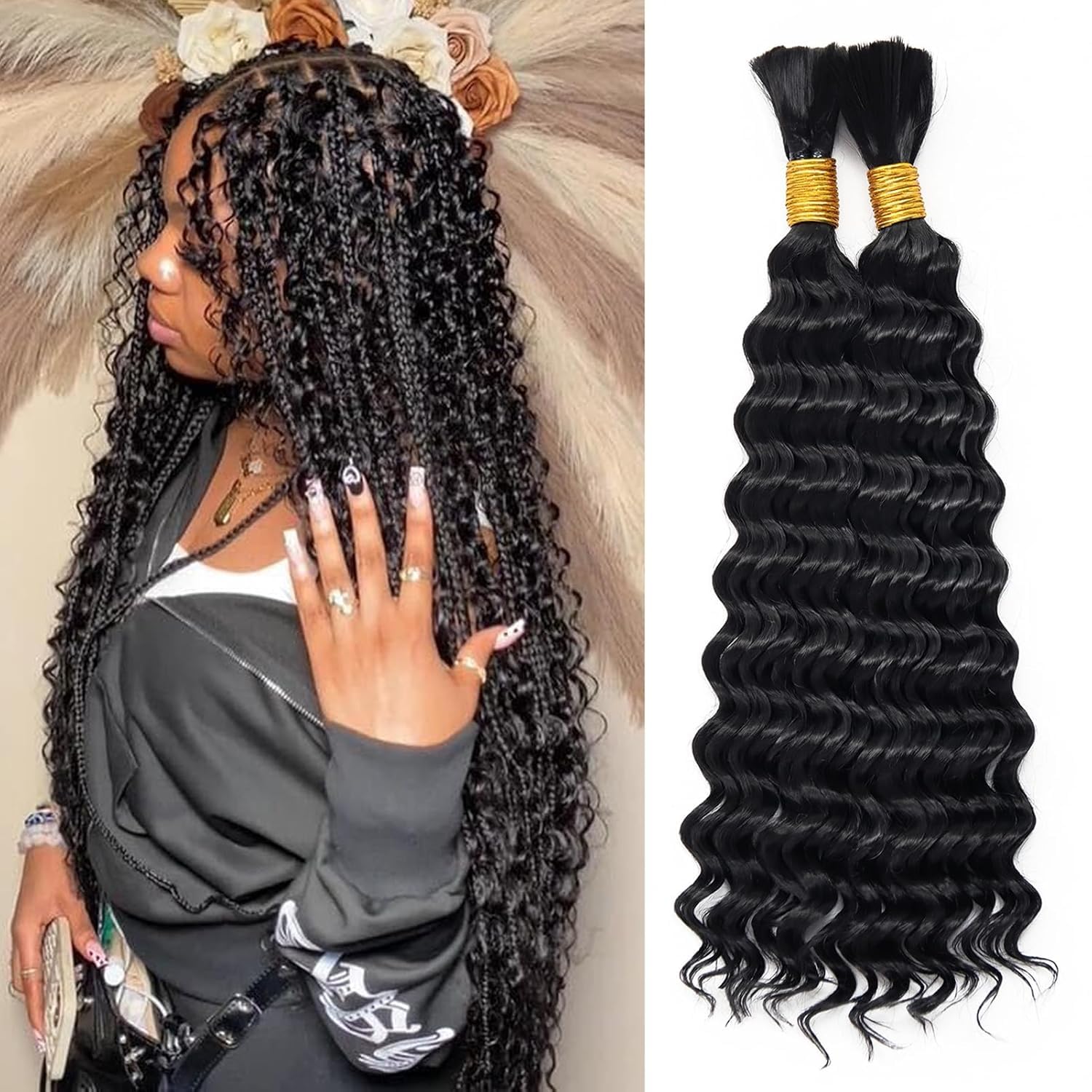 Human Braiding Hair 26 Inch Deep Wave Bulk Human Hair for Braiding No Weft 2 Bundle 100g 12A Brazilian Curly Human Hair Extensions for Boho Braids Wet and Wavy Human Hair Braiding Hair — image 1