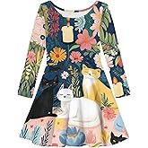 Girls Cute Print A Line Skater Dress Loose Casual Comfy Midi Flowy Swing Twirly Dress Spring Elegant Party Dresses