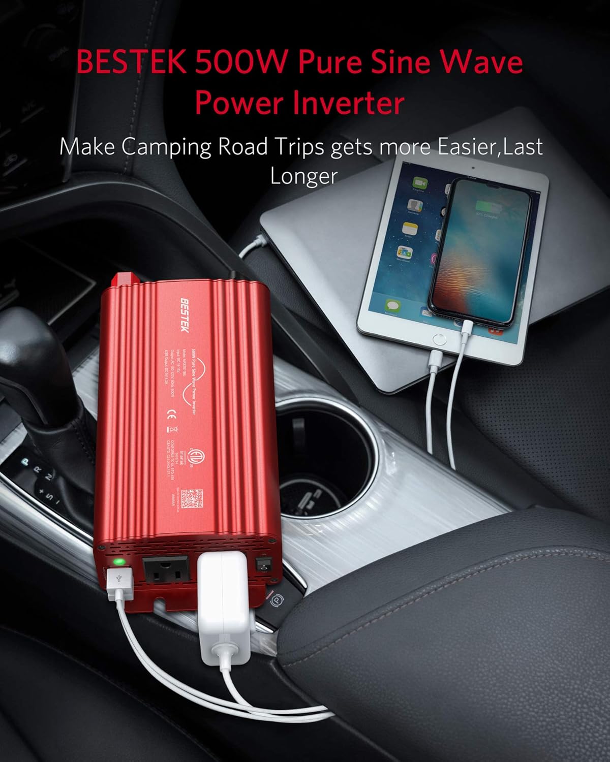 BESTEK 500W Pure Sine Wave Power Inverter DC 12V to AC 110V Car Plug Inverter Adapter Power Converter with 4.2A Dual USB Charging Ports and 2 AC Outlets Car Charger, ETL Listed: Car Electronics