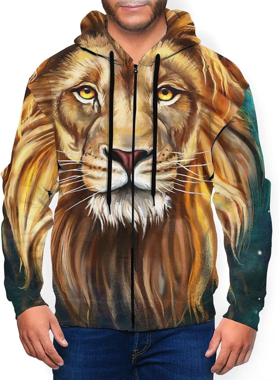 Lion Head Mens FullZip Jacket Hooded Sweatshirt with Pockets for Daily