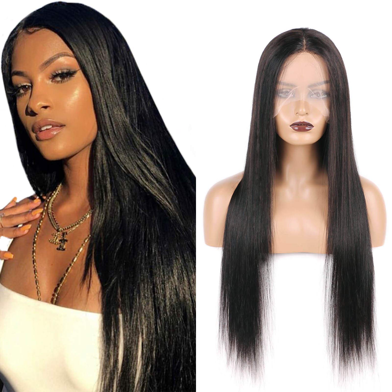 Straight Wig Lace Front Wig 24 Inch Human Hair 13×5×0.5 T Part Lace Wigs for Black Women Brazilian Remy Hair Deep Middle Part Pre Plucked 150% Density Natural Black Color