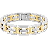 Men's 8.5" Two Tone Diamond Link Bracelet, Gold-Plated Stainless Steel Single Locking Clasp