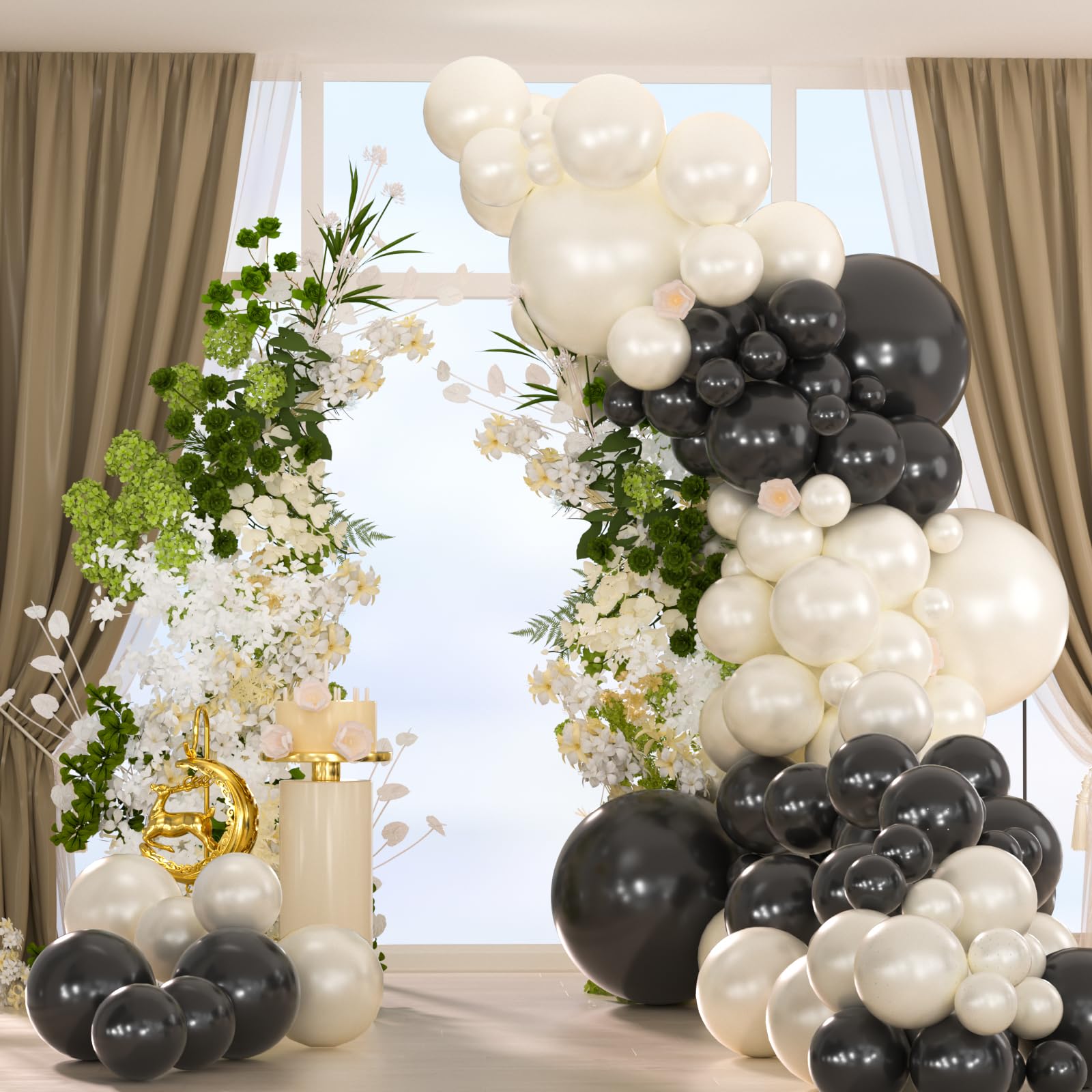 Photo 1 of 134pcs Double-Stuffed Pearl White and Black Balloons Garland Arch Kit,18/12/10/5 inch Black & Pearl Ivory Balloons for Wedding Bridal Shower Women Birthday Decorations