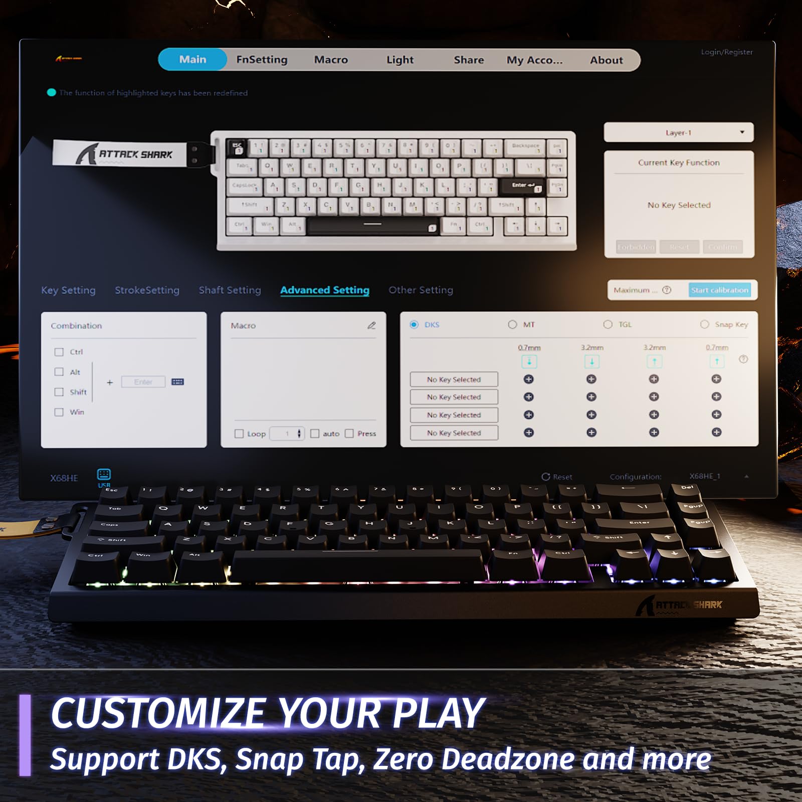 Attack Shark X68 He 8000Hz Rapid Trigger Keyboard, 0.01Mm Rt Accuracy Wired Gaming Keyboard With Magnetic Switch, Adjustable Actuation, Rapid Trigger, Snap Tap, Rgb Lighting For Pc/Mac, Black - View 6