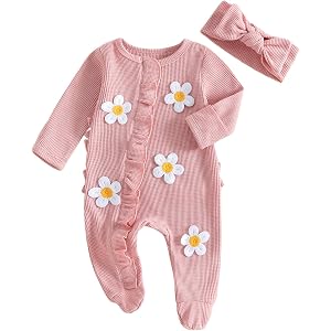 Dcohmch Newborn Girl Going Home Outfit Long Sleeve Footies Floral Ruffled Trim Zipper Jumpsuit Headband Baby Fall Clothes